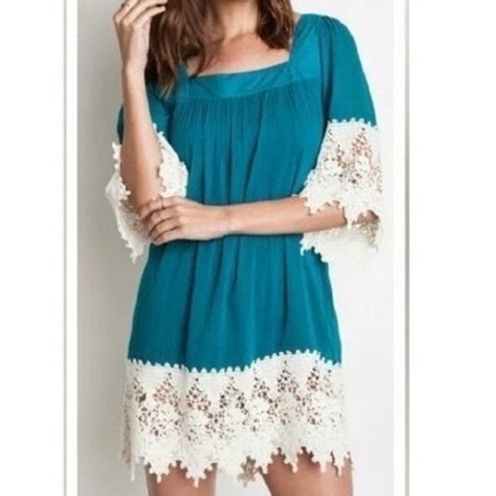 Altar'd State‎ S NWT Teal Lace Trim Mini Dress Milkmaid Festival   Cottagecore
